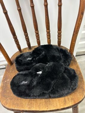 PINK platform Black Faux-Fur Slide Slippers